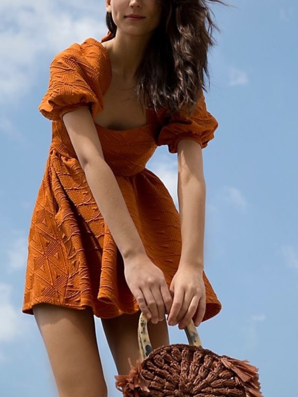 Free People Babydoll Mini Dress Sz XS Pumpkin Orange Puff Sleeve Fall Festival